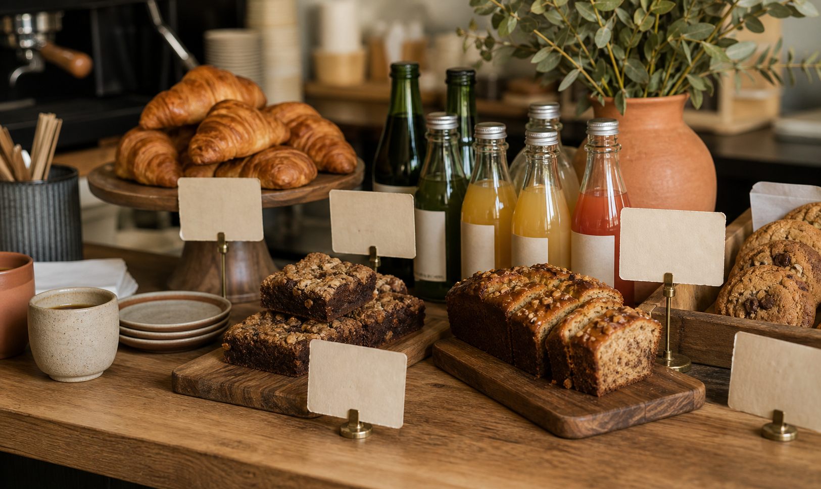 Bakkerijtoonbank met croissants, broden, koeken en flessen sap